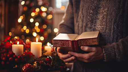 Hands of man reading a book in front of christmas treeの素材