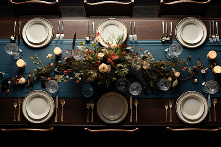 Elegant table setting with flowers and cutlery, top viewの素材