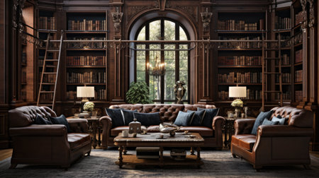 Luxury library interior with bookshelf and leather armchairsの素材