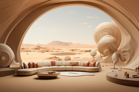 a modern living room in the desert with an arched windowの素材