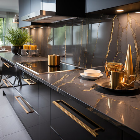 modern luxury black and gold kitchen interior design with marble countertop and sinkの素材