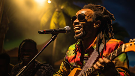 The singer of the band Afro-American on the stage at the concert of his bandの素材