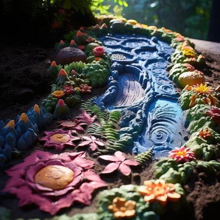 Close up of colorful handmade clay carvings on table in gardenの素材