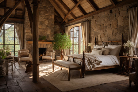 Luxury bedroom interior with wooden bed in a country house.の素材