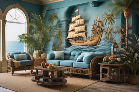 Blue living room with blue sofa, armchair, coffee table and palm trees.の素材