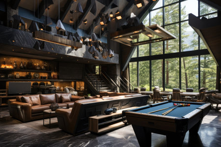 Interior of a modern bar with billiard table and leather sofaの素材