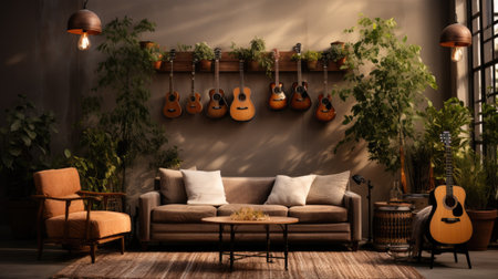 Interior of modern living room with sofa, armchair and guitarの素材