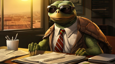 a frog in a office with a book and glassesの素材