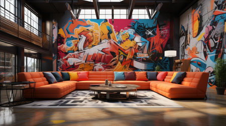 Interior of modern cafe with orange sofa, coffee table and colorful wall.の素材