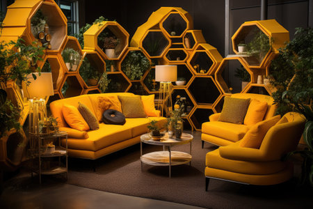 Interior design of modern living room with yellow sofa, armchairs and plantsの素材
