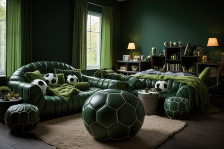 Interior of living room with green sofa, armchair and toysの素材