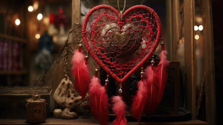 Red dreamcatcher on the background of the interior of the roomの素材
