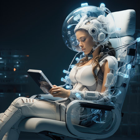 Portrait of a beautiful young woman in an astronaut suit with a tablet in her hands.の素材