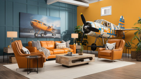 Interior of modern living room with orange and blue walls, wooden floor, orange sofa and armchairs, coffee table and retro airplane.の素材