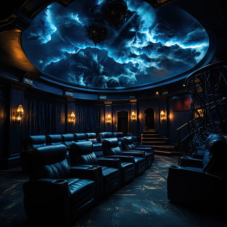 Interior of a dark theater with black leather seats.の素材