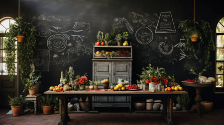Fruits and vegetables on wooden table in modern kitchen with black wallの素材