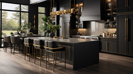 black modern kitchen with wooden floor and black countertopsの素材