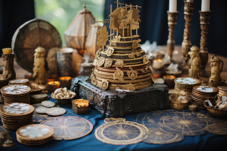 Decorated wedding cake on the table in a rustic styleの素材