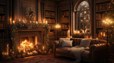 Interior of a cozy living room with a fireplace and christmas decorations.の素材