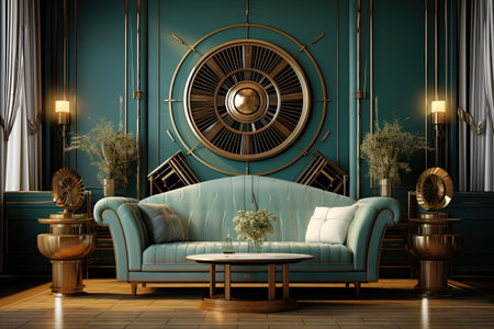 Luxury living room with blue sofa and round clockの素材