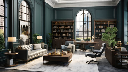 Interior of modern living room with green walls, carpeted floor, comfortable sofa, armchair and bookcase.の素材