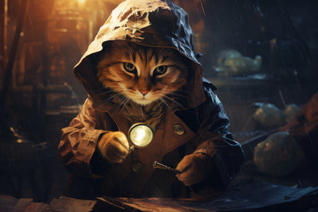 Fantasy image of a cat in a raincoat with a magnifying glass.の素材