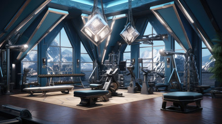 Interior of a modern gym with equipment.の素材