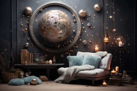 Interior of the living room with a sofa, pillows, candles and a moonの素材