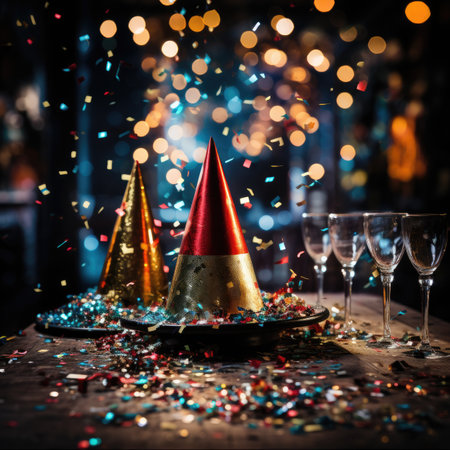Party hats with confetti and glasses of champagne on a dark backgroundの素材