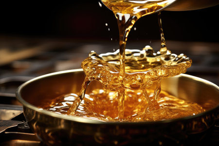 Pouring honey in a copper bowl, close-up, selective focusの素材