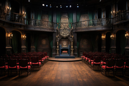 Interior of the auditorium with a lot of red chairs and a fireplaceの素材