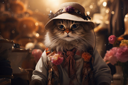 Funny cat in a hat with a garland of flowers.の素材