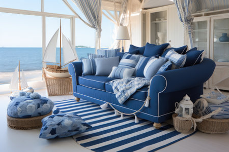 Living room with blue sofa, wicker basket, blue pillows and sea viewの素材