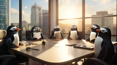 Group of penguins sitting at the table in office.の素材