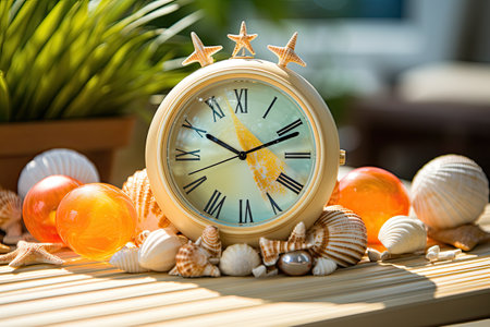 Vintage alarm clock with seashells and starfish on the tableの素材