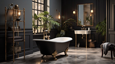 Classic bathroom interior with black walls, tiled floor, comfortable bathtub and elegant accessories.の素材