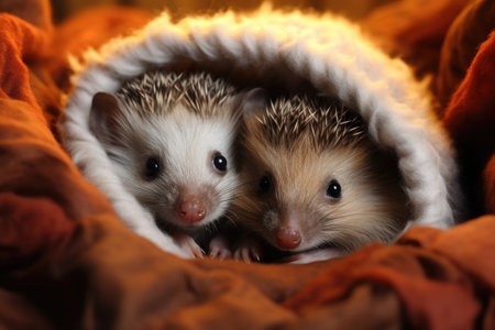 two little hedgehogs lying on the bed and looking at the cameraの素材
