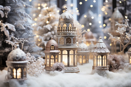 Lanterns on the background of a Christmas tree in the snowの素材