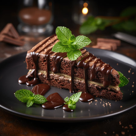 Chocolate cake with chocolate glaze and mint on a dark backgroundの素材