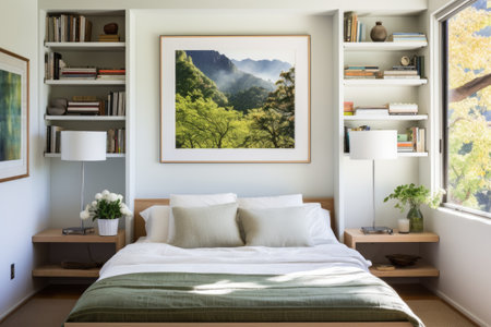 Interior of a modern bedroom with a bed, bookshelves and a painting on the wallの素材