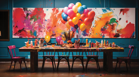 Party table with colorful balloons and candles at the end of the eventの素材