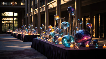decorated table with glass balls and candles at a wedding partyの素材