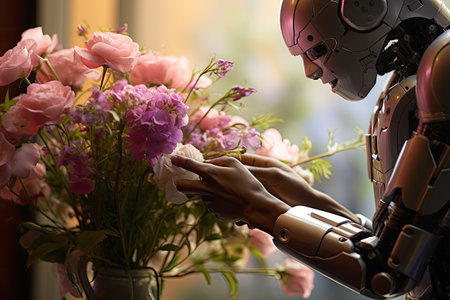 Close-up of robot with bouquet of flowers. Artificial intelligence concept.の素材
