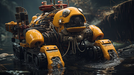 Close-up of a toy robot on the background of the seaの素材