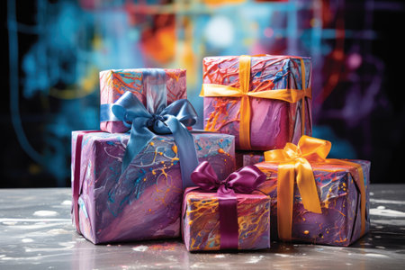 Group of colorful gift boxes on dark background. Christmas and New Year concept.の素材