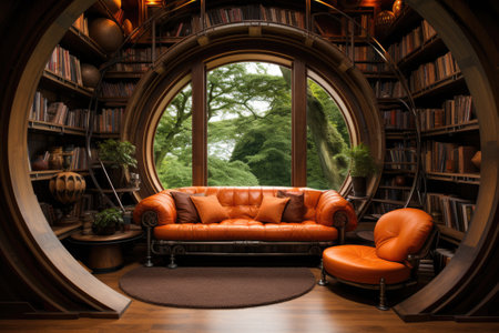 Interior of a library with a leather sofa and bookshelvesの素材
