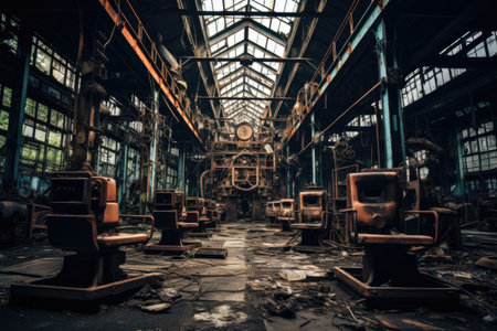 Interior of an old industrial building with lots of rusty armchairsの素材