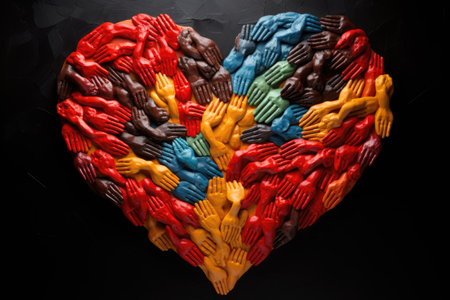 Conceptual image of multicolored human hands forming a heart shapeの素材
