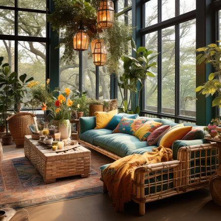 Interior of a living room with a sofa, coffee and plantsの素材