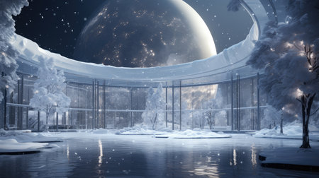 an open space futuristic interior with a frozen lake and a view of the planet.の素材
